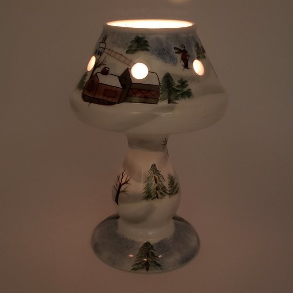 Elements Small Ceramic Spongeware Winter Skiing Trees Scene Tealight Candle Lamp - Picture 2 of 12